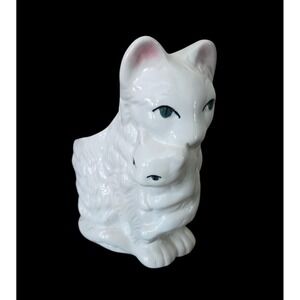 Vintage White Ceramic Mother Cat Scruffing It's Baby Kitten Planter Handpainted